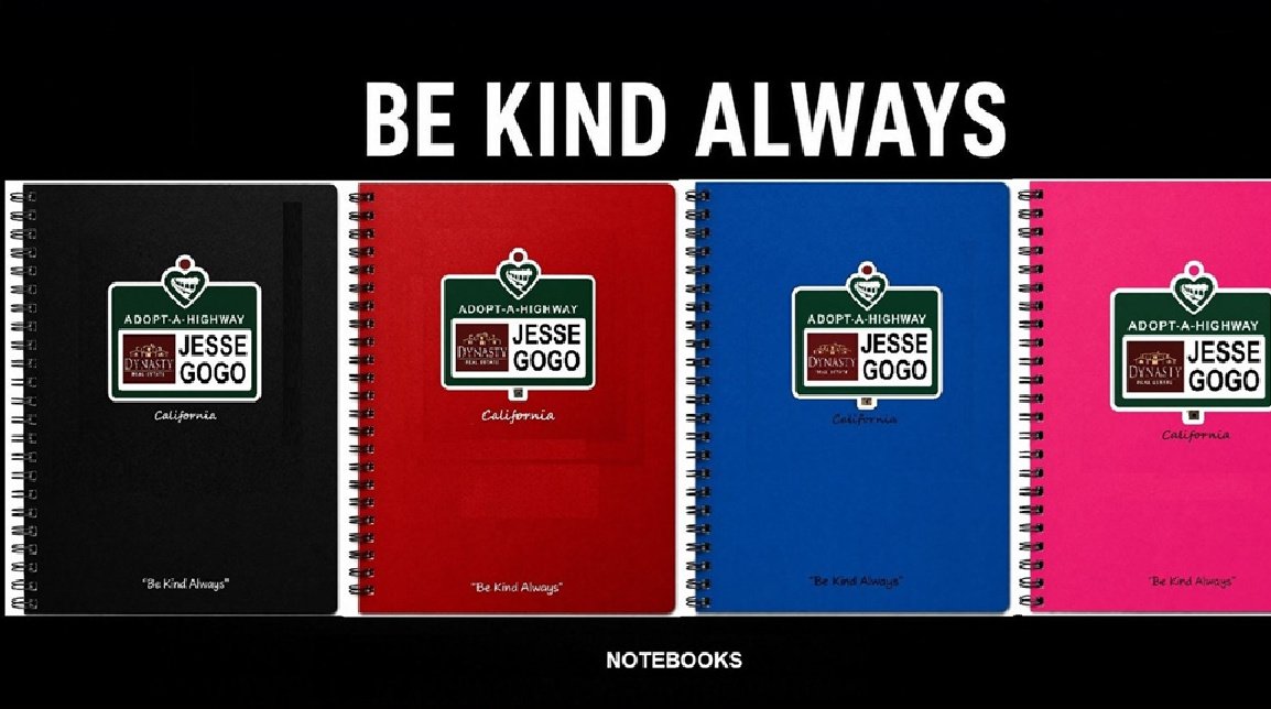 Be Kind Always notebooks in black, red, blue, and pink, presented on the original black artwork panel.