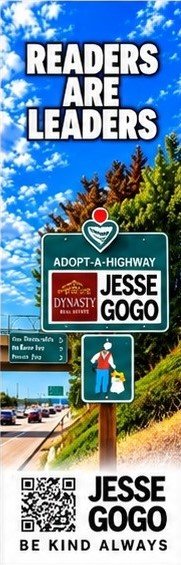 Bookmarker reading “Readers Are Leaders” with the Adopt-A-Highway Jesse Gogo sign, QR code, and Be Kind Always.