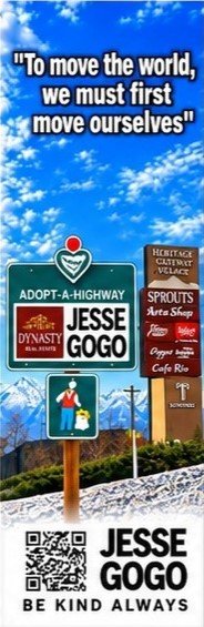 Bookmarker reading “To move the world, we must first move ourselves” with the Adopt-A-Highway Jesse Gogo sign, QR code, and Be Kind Always.
