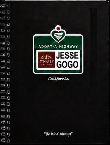 Black Adopt-A-Highway Jesse Gogo notebook with “Be Kind Always” on the cover.