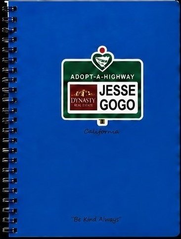 Blue Adopt-A-Highway Jesse Gogo notebook with “Be Kind Always” on the cover.