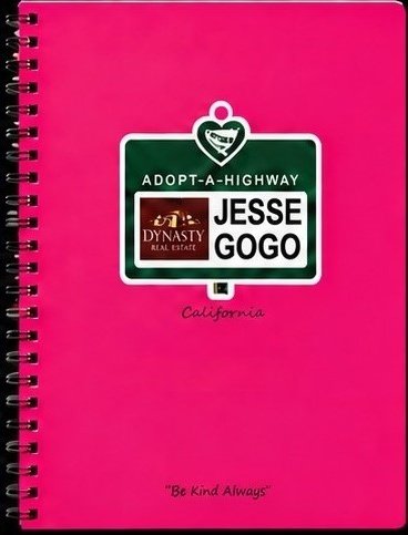 Pink Adopt-A-Highway Jesse Gogo notebook with “Be Kind Always” on the cover.