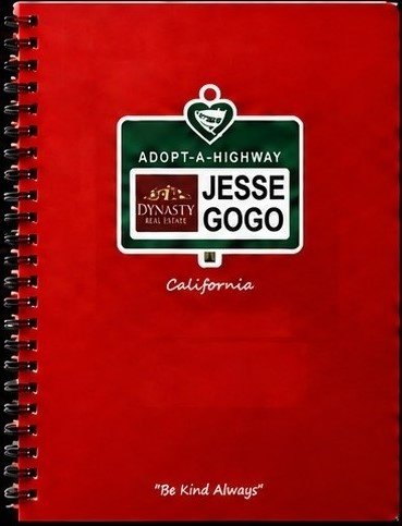 Red Adopt-A-Highway Jesse Gogo notebook with “Be Kind Always” on the cover.