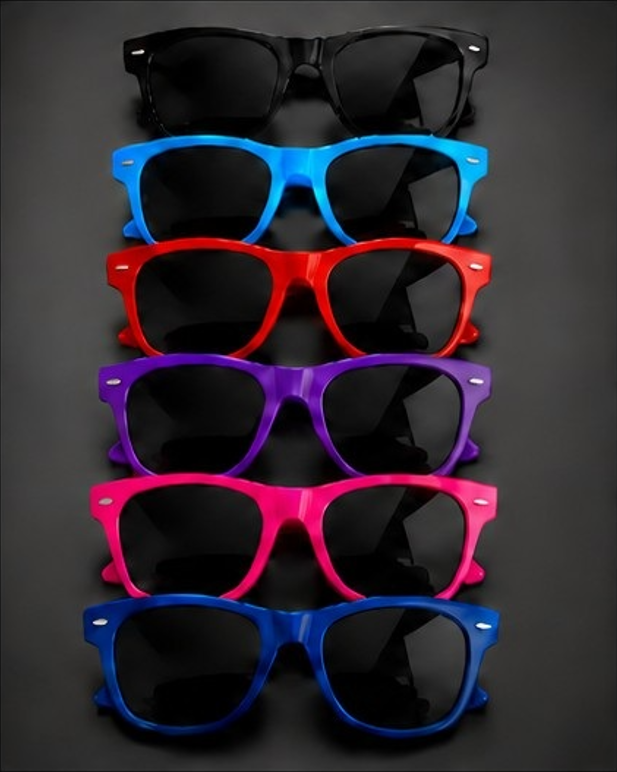 Stack of sunglasses in black, light blue, red, purple, pink, and blue.