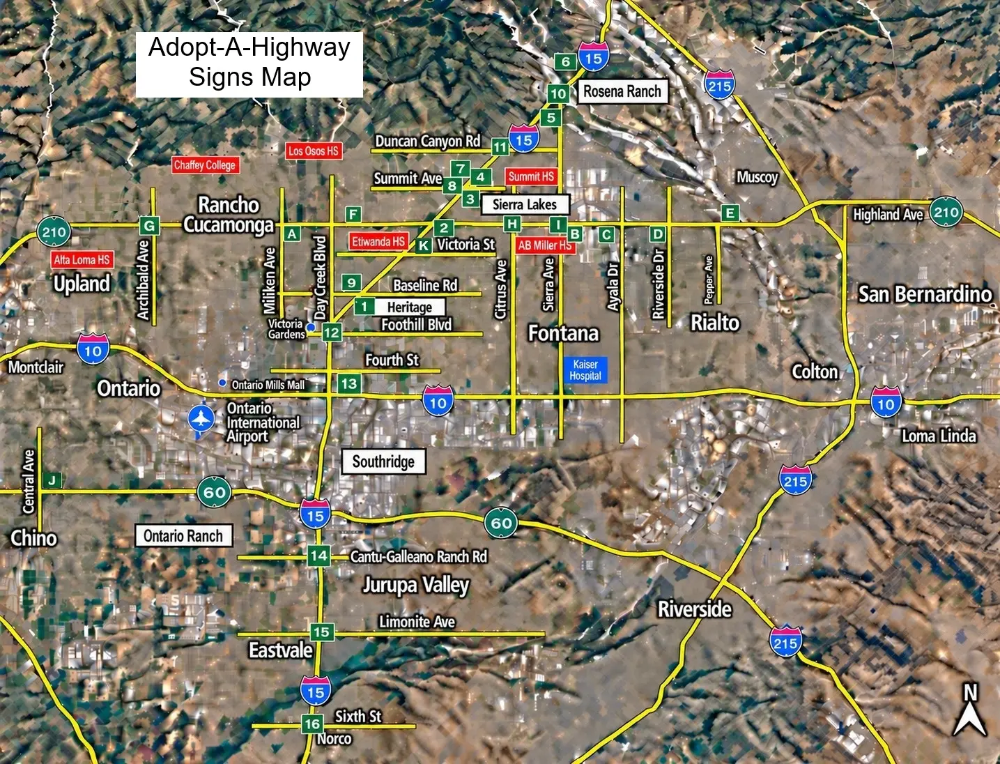 Adopt-A-Highway Signs Map across the Inland Empire with numbered and lettered locations, freeway shields, and a north arrow.